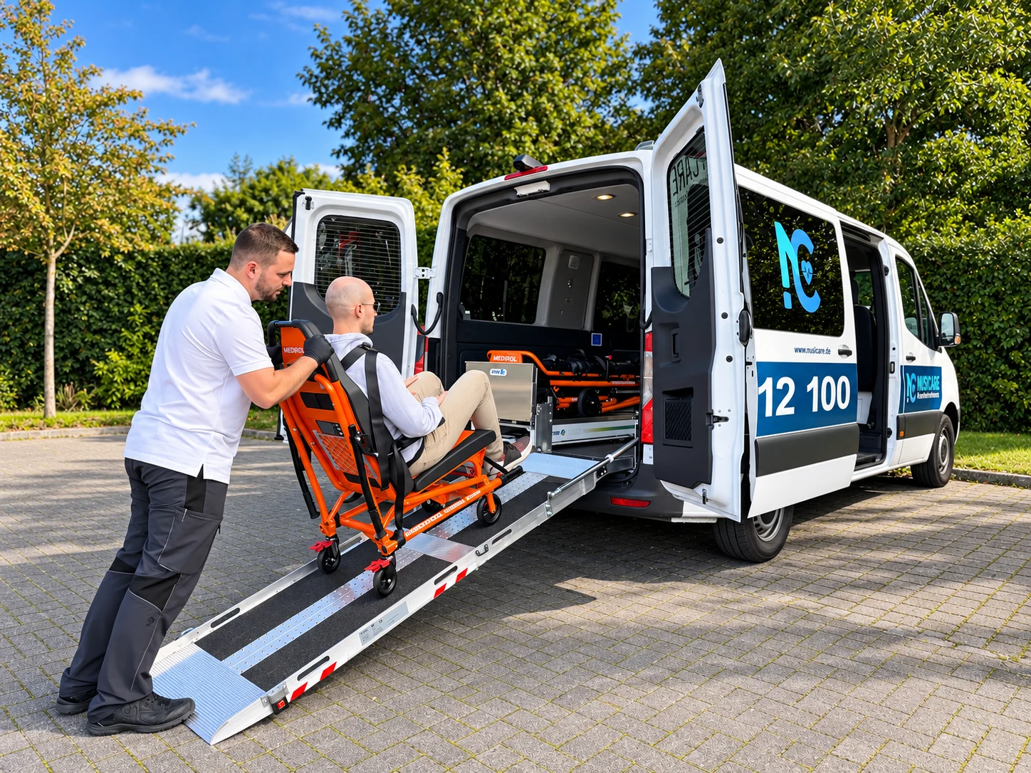 Vorführung: Ein Mitarbeiter begleitet eine Person im Transportstuhl über die Fahrzeugrampe