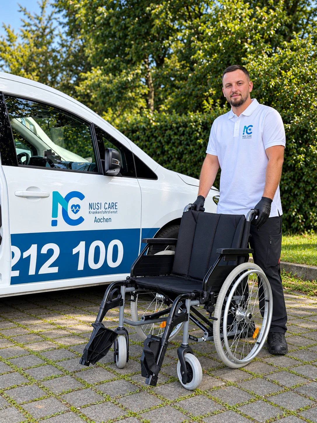 Nusi Care Mitarbeiter mit Rollstuhl neben einem beschrifteten Fahrzeug